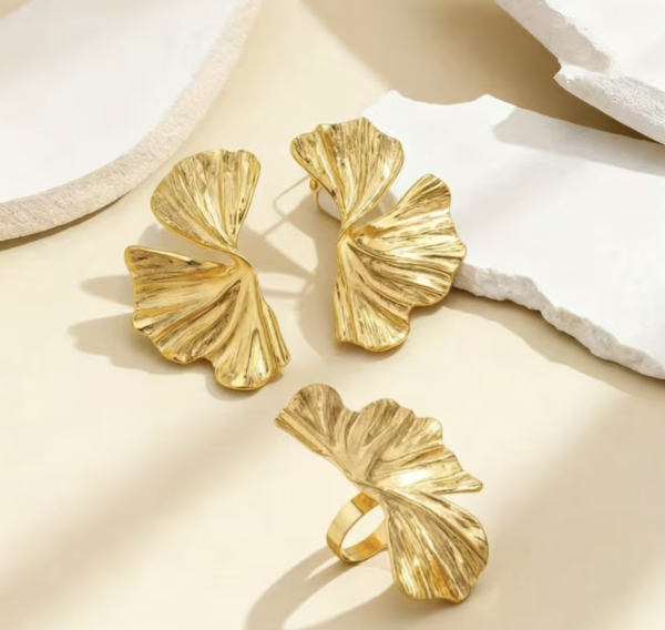 Набір прикрас Tierra Luna "Gold Gilded Ginkgo Set" (каблучка та сережки)